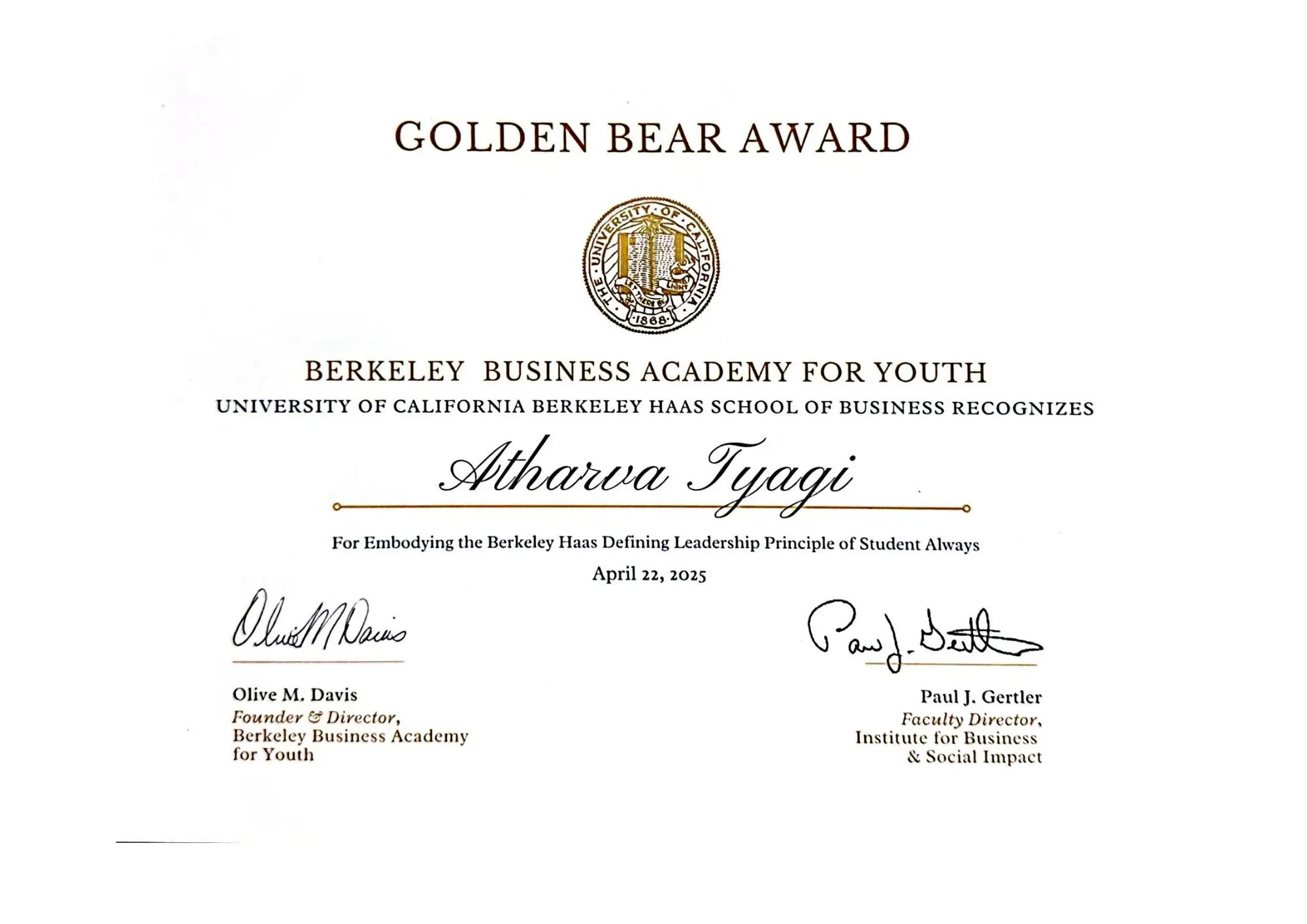 Golden Bear Award - Student Always